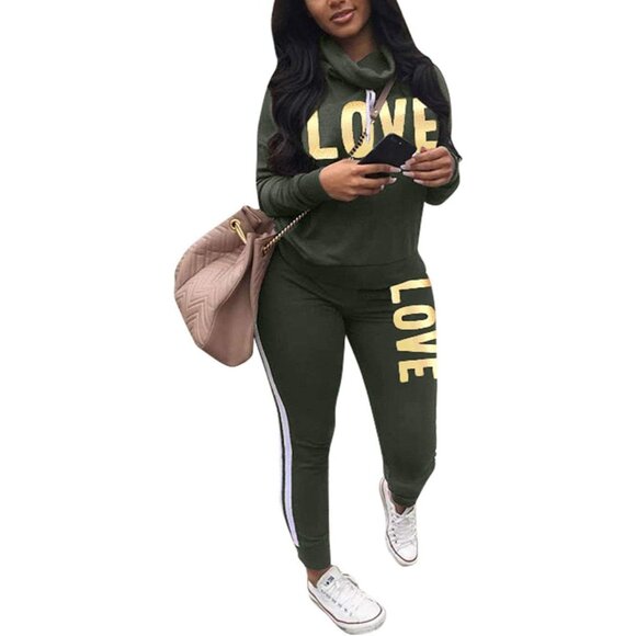 Stylish Women's Athleisure Set - Cowl Neck Hoodie & Elastic Waist Pants in Green - Picture 1 of 8